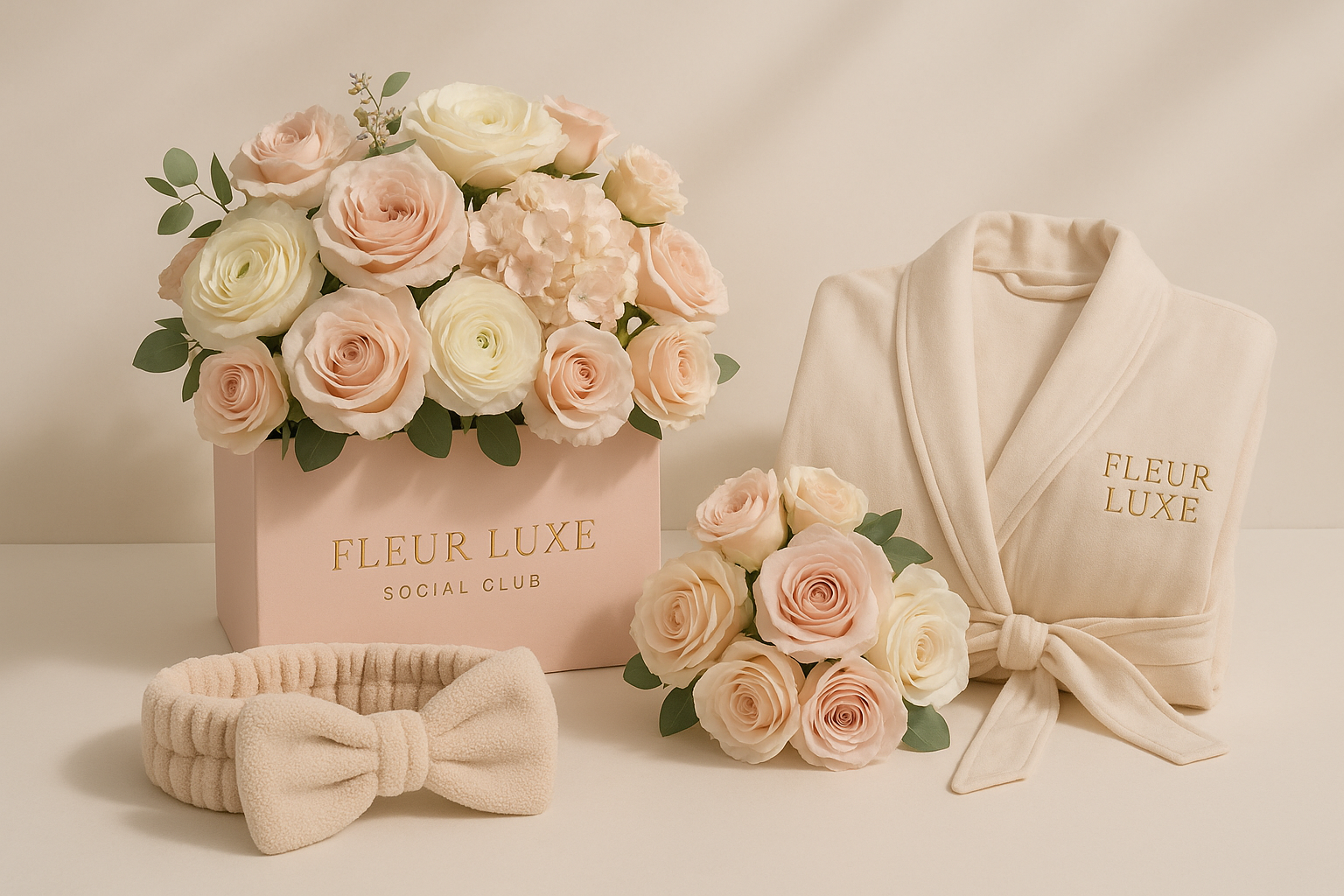 CAN YOU CREATE A BRANDED IMAGE THAT SHOWS MY FRESHCUT FLOWER BOX WITH A SEPERATE ACCOMPANYING BOUQUET OF ROSES AND A SPA HEADBAND AND A CUSTOM ROBE 