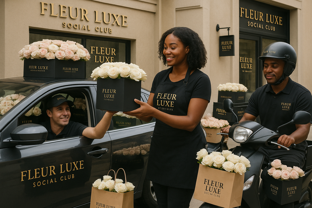 please show me two seperate delivery drivers. one delivery driver ins in a car and the other is on a moped. they are both deliverying my flower arrangments and their vehicles are stuffed with our floral products. for example, flower boxes, i also want to see a brown paperbag that has our flower arrangments right next to a car, and a black female employee in a brandad apron handing the flower orders to them.i need this branded completely with our brand everywhere.